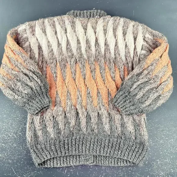 VTG 100% Mohair Cardigan Sweater Orange Gray White Button Front Handmade Chunky - Picture 9 of 10